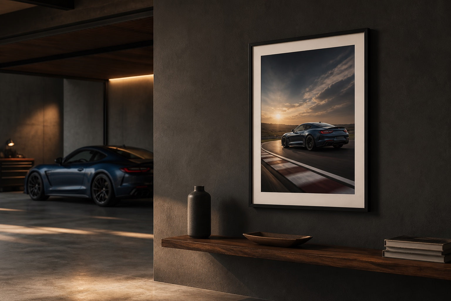 Personalizuotas automobilio plakatas moderniame garaže